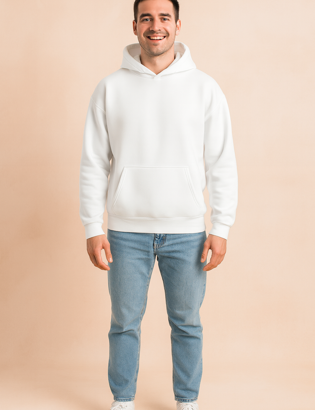 White pullover hoodie with front kangaroo pocket and adjustable hood, styled for casual comfort and everyday wear.