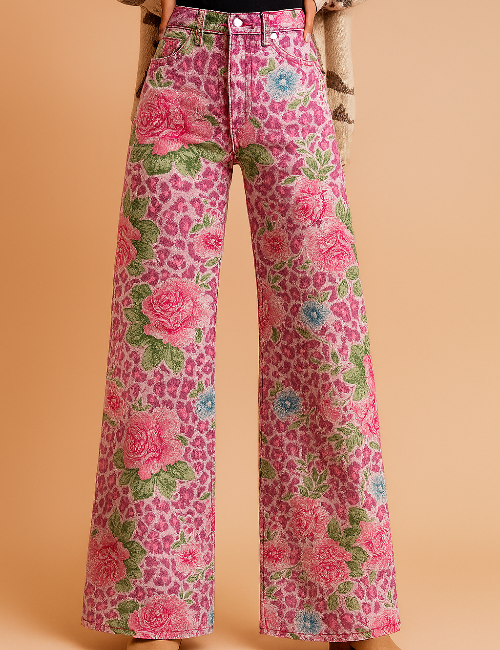 High-waisted wide-leg pants with an all-over pink leopard and floral print, featuring large pink and blue roses with green leaves on a structured denim fabric.