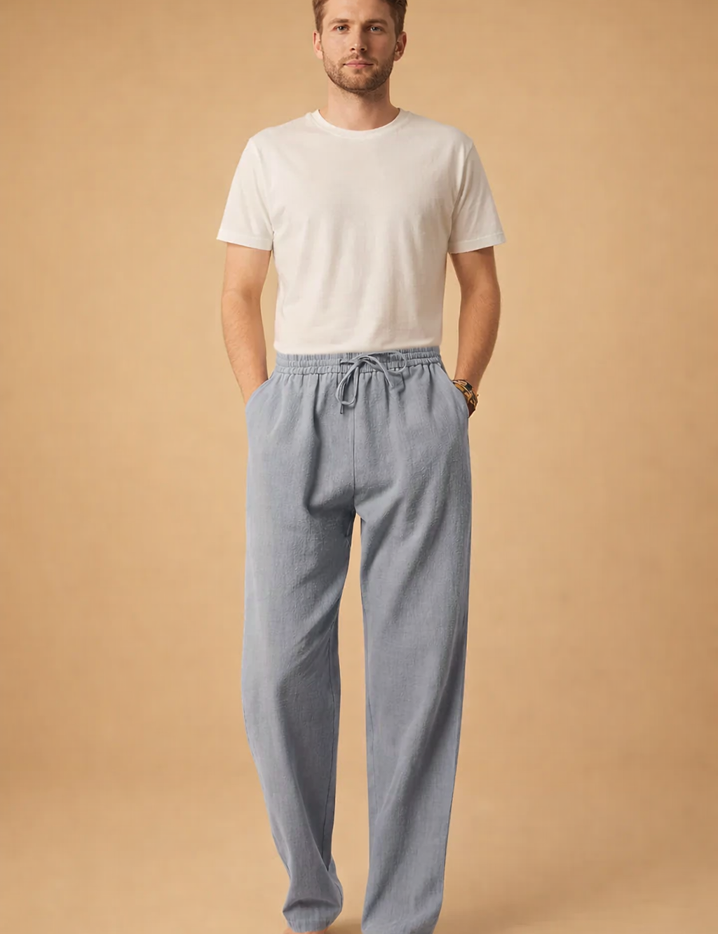 Relaxed-fit drawstring trousers with a straight-leg silhouette paired with a clean long-sleeve button-front shirt, styled in a refined minimalist look suitable for modern casual wear.