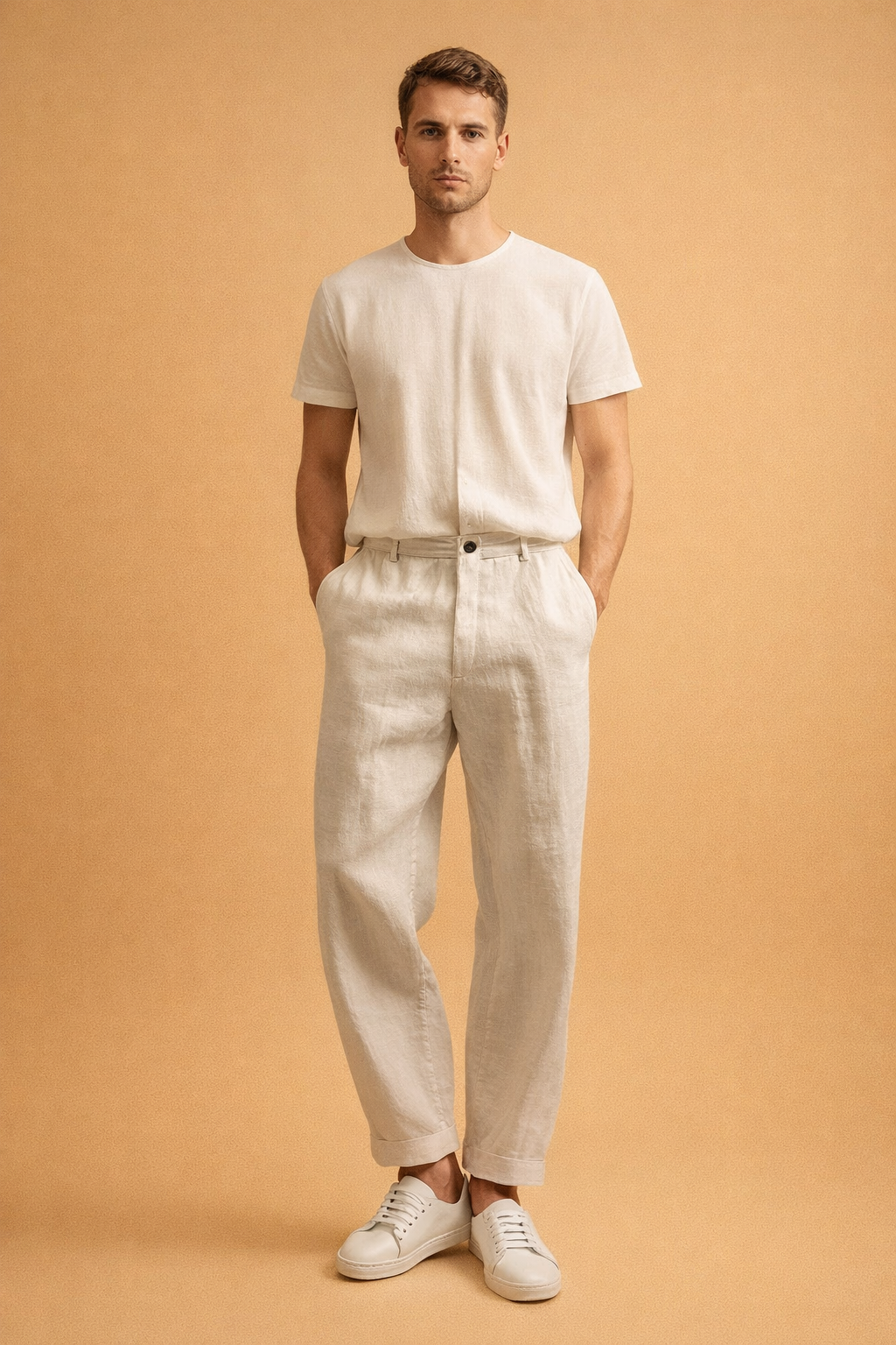 Relaxed-fit men’s tailored trousers with a straight leg silhouette, clean front closure, belt loops, side pockets, and subtle ankle-length finish, styled with minimalist low-profile sneakers for a refined everyday look.