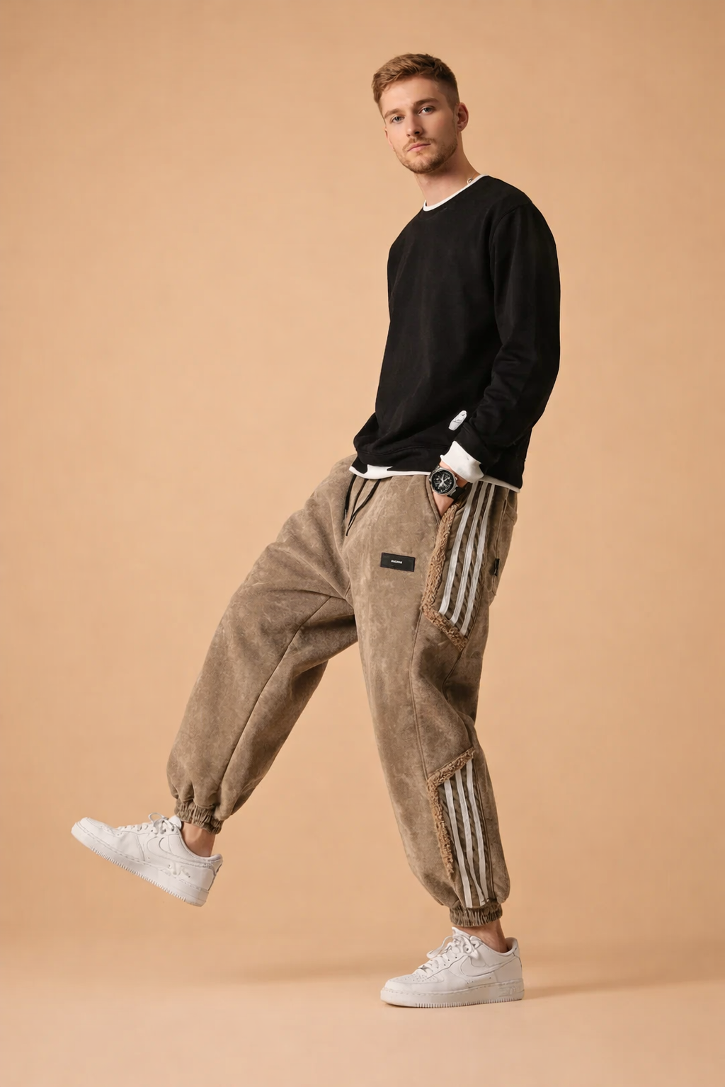 Relaxed-fit tapered jogger pants with elastic cuffs, side stripe panel detailing, structured seams, functional side pockets, and a soft textured finish styled with clean low-top sneakers.