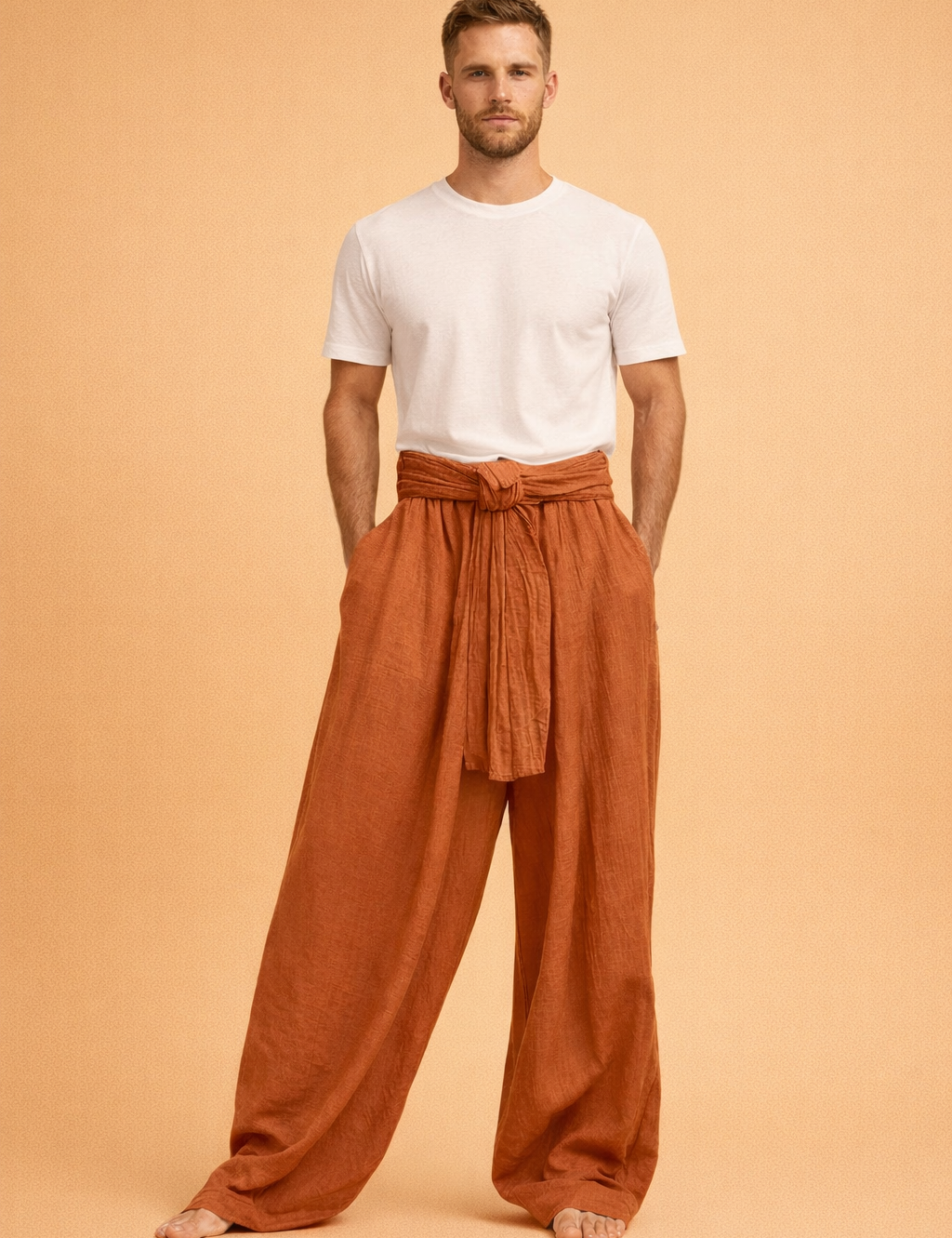 Loose-fit wide-leg trousers with a wrapped waist tie, featuring a relaxed drape, soft textured fabric appearance, high-rise fit, and fluid straight legs designed for an airy, contemporary silhouette.