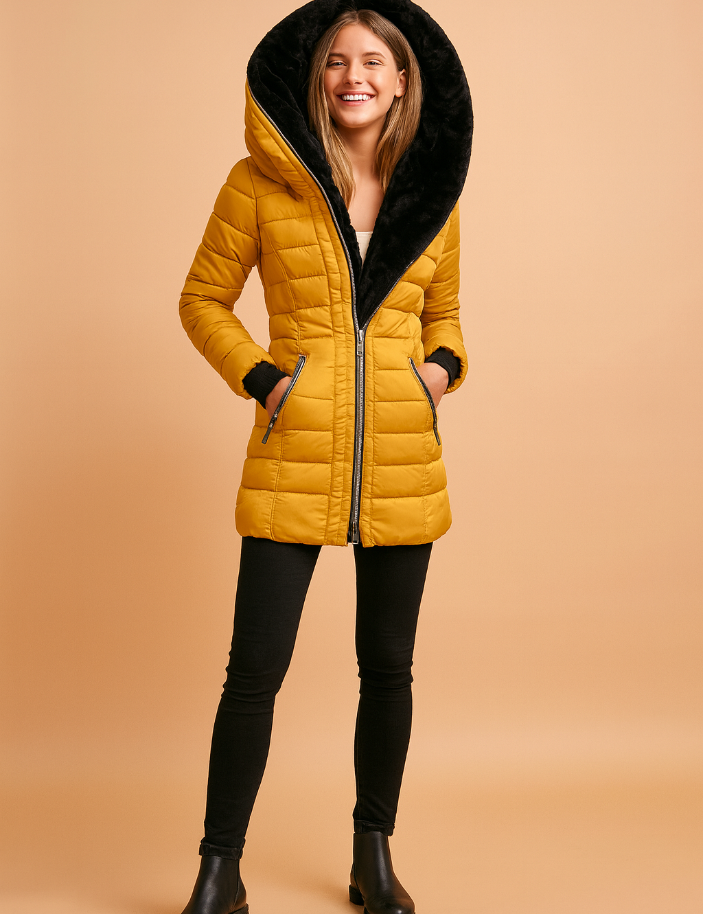 Yellow puffer winter jacket with oversized asymmetrical hood and black plush lining, featuring front zipper closure and zippered side pockets.