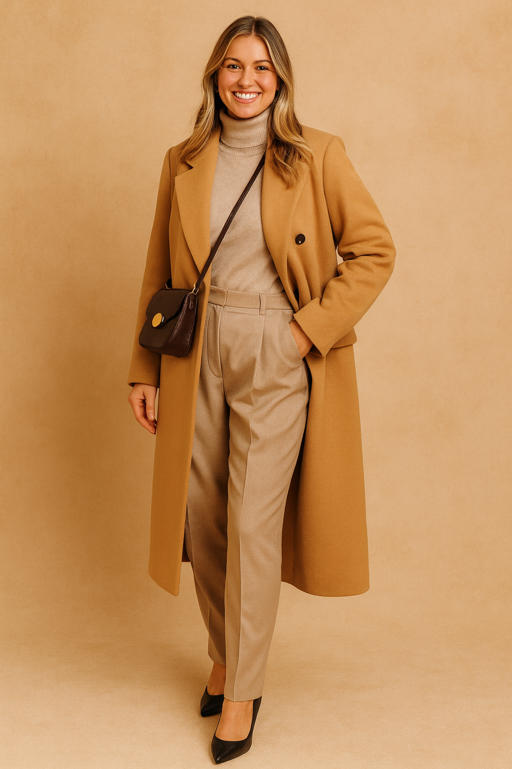 Camel wool coat styled with beige turtleneck sweater, high-waisted pleated trousers, black pointed heels, and a dark crossbody bag.