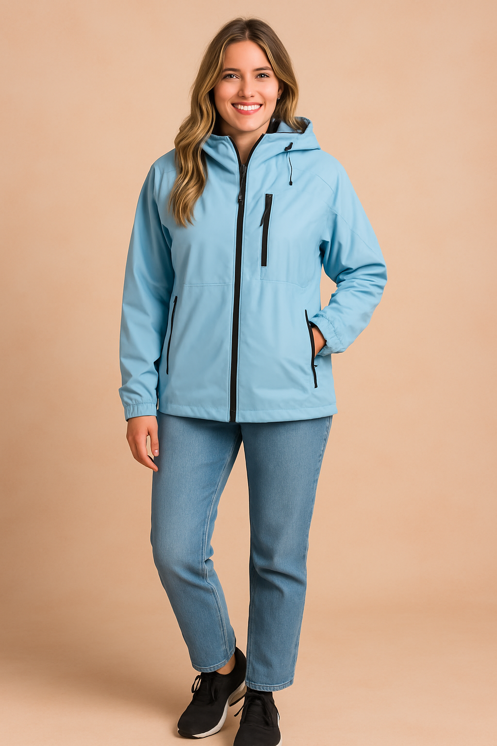 Light blue hooded jacket with black zipper details, styled with a black top, light denim jeans, and black sneakers, worn in a flattering full-body look.