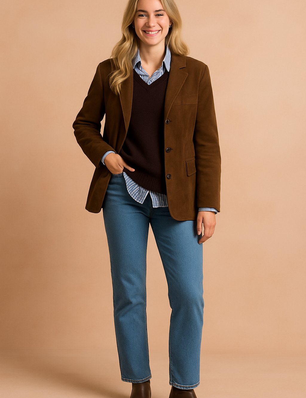 Layered outfit featuring a brown suede blazer with button closure, a dark brown V-neck sweater, a blue striped shirt, light blue straight-leg jeans, and dark brown ankle boots.
