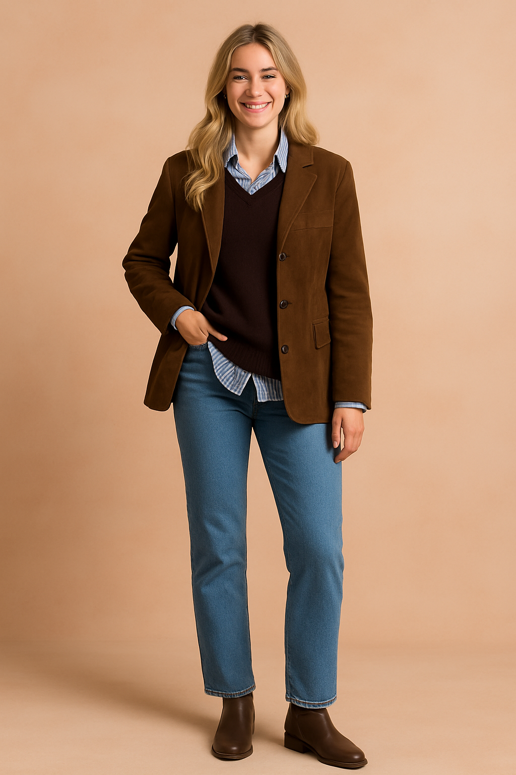 Layered outfit featuring a brown suede blazer with button closure, a dark brown V-neck sweater, a blue striped shirt, light blue straight-leg jeans, and dark brown ankle boots.