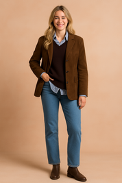 Layered outfit featuring a brown suede blazer with button closure, a dark brown V-neck sweater, a blue striped shirt, light blue straight-leg jeans, and dark brown ankle boots.