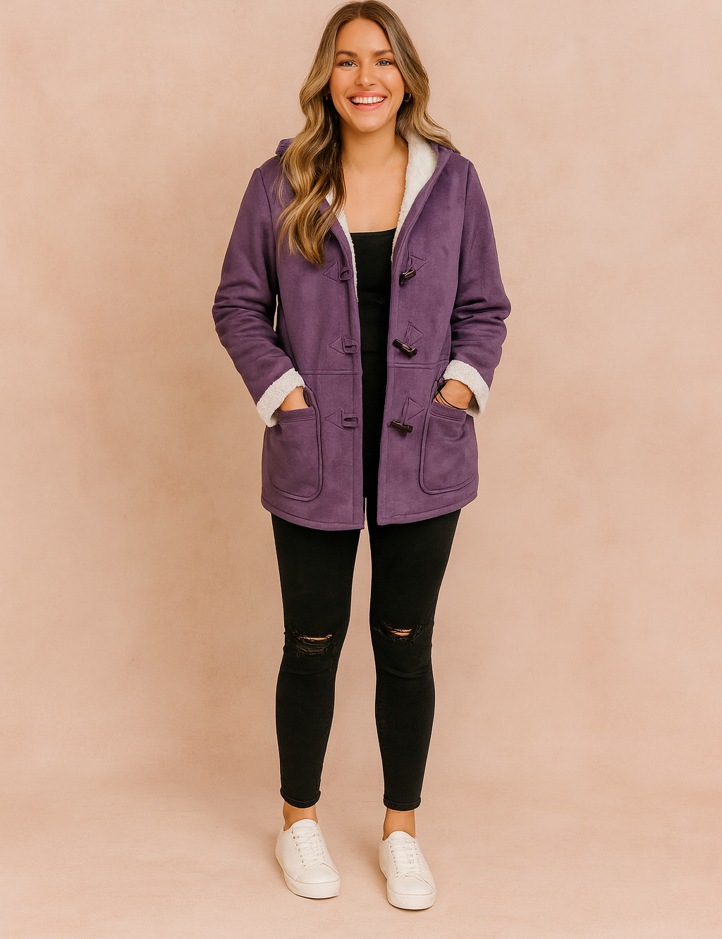 Purple hooded toggle-button winter jacket with white fleece lining and front pockets, designed for warmth and casual style.