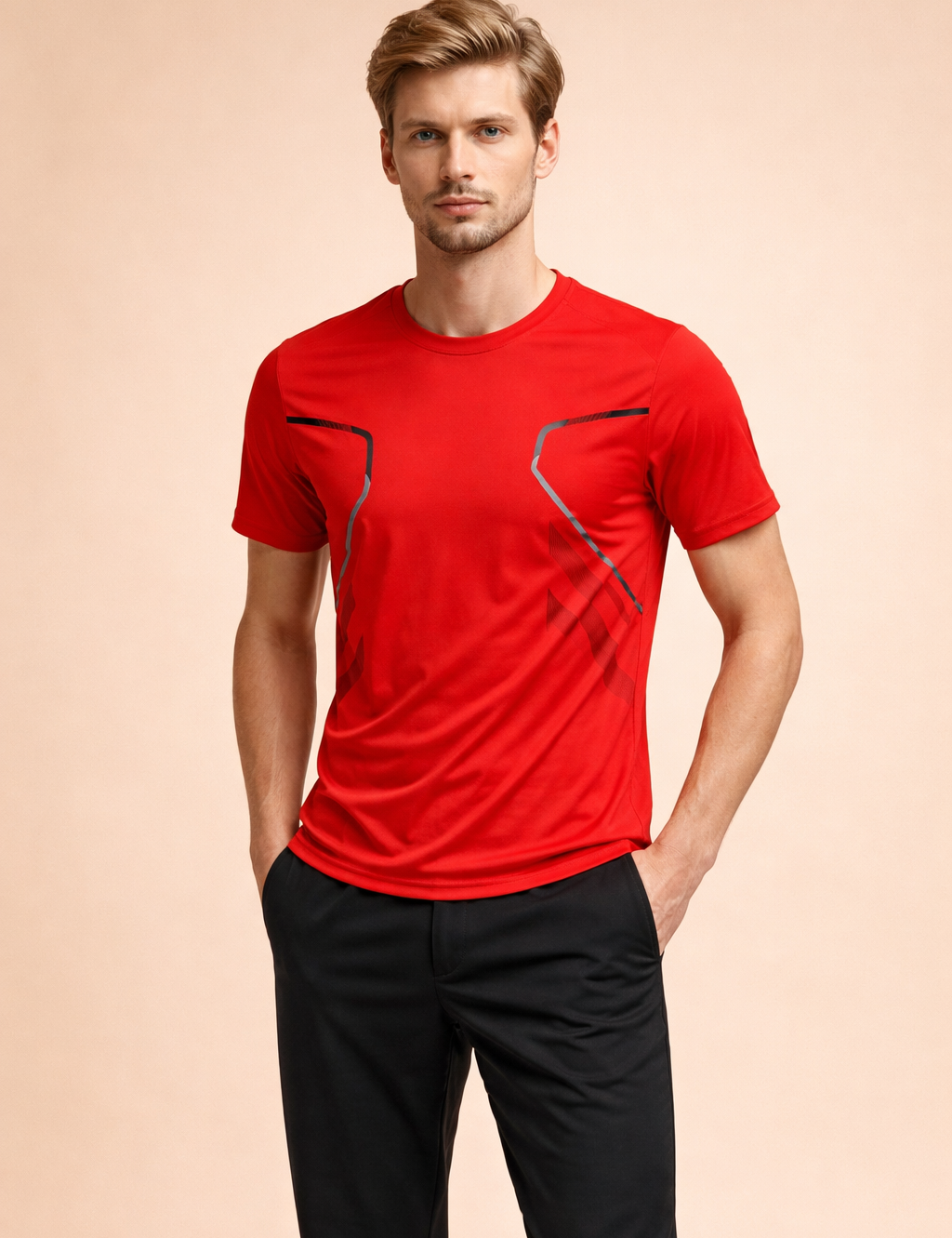 Red athletic short-sleeve performance T-shirt with a crew neckline, fitted silhouette, smooth technical fabric, and subtle angular accent detailing on the chest, styled with straight-cut black athletic trousers.