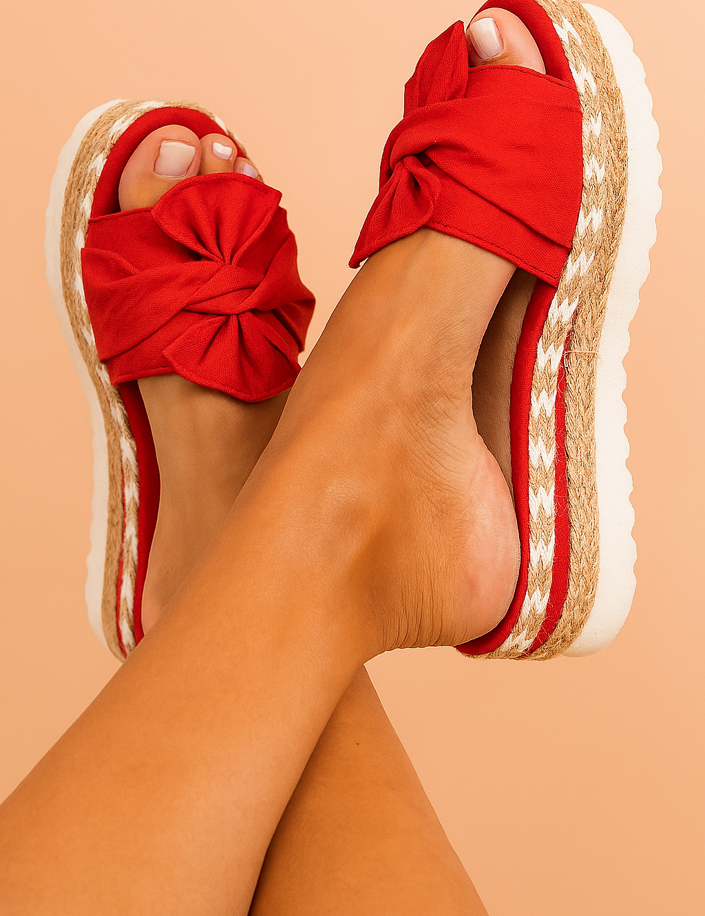 Red espadrille platform sandals with oversized front fabric bows, jute-wrapped midsoles with zigzag stitching, and white ridged rubber outsoles.