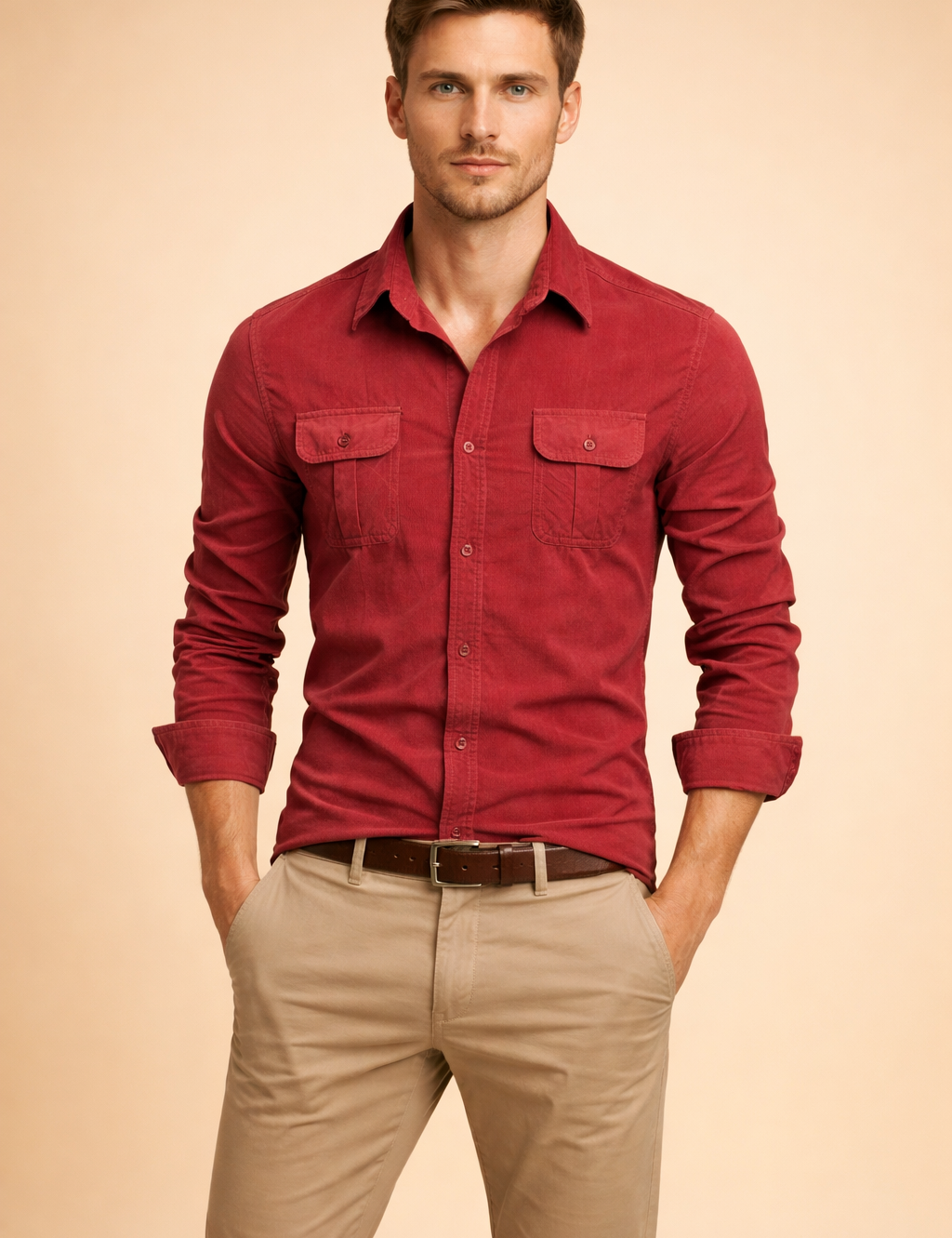 Red long-sleeve button-up shirt with structured collar, dual chest flap pockets, tonal buttons, and tailored fit, paired with beige straight-leg chinos and a brown leather belt.