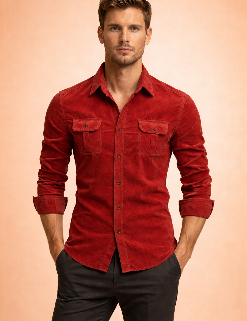Slim-fit red long-sleeve button-up shirt with flap chest pockets, styled with tailored dark trousers for a sharp smart-casual look.