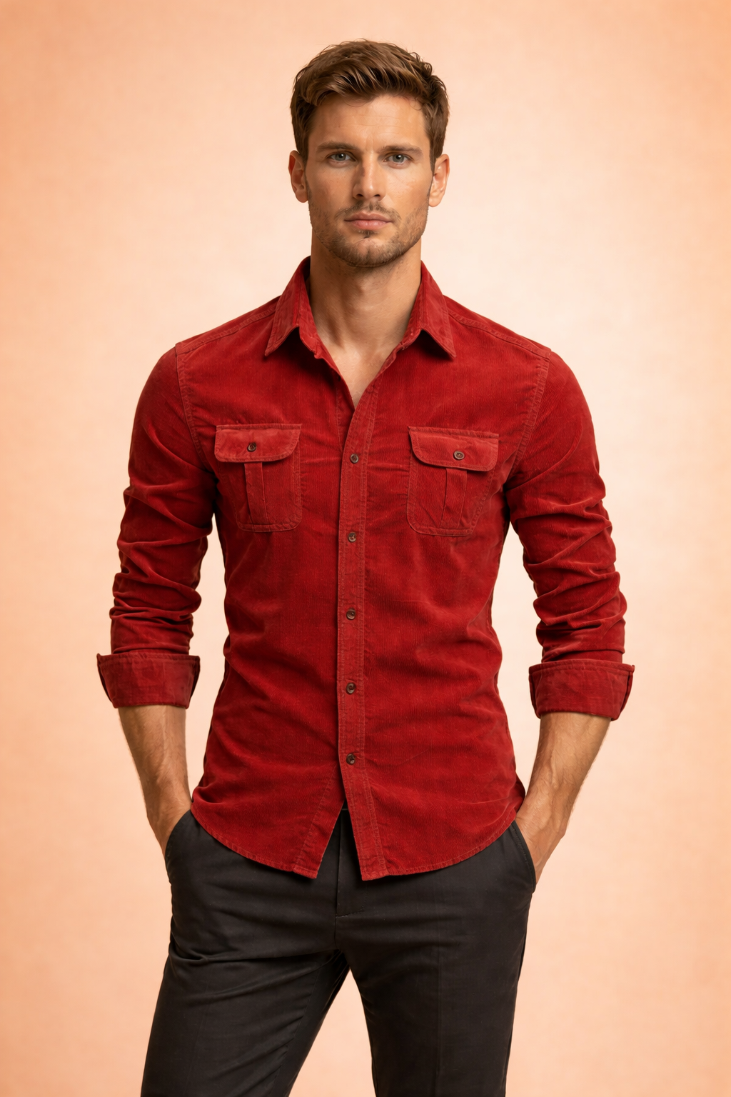 Slim-fit red long-sleeve button-up shirt with flap chest pockets, styled with tailored dark trousers for a sharp smart-casual look.