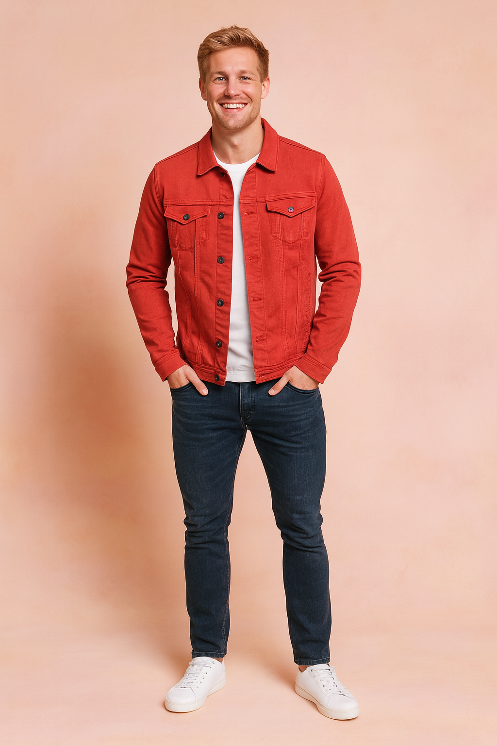Red denim jacket with button-front closure, chest flap pockets, long sleeves, and tailored fit paired with dark slim-fit jeans and white sneakers.