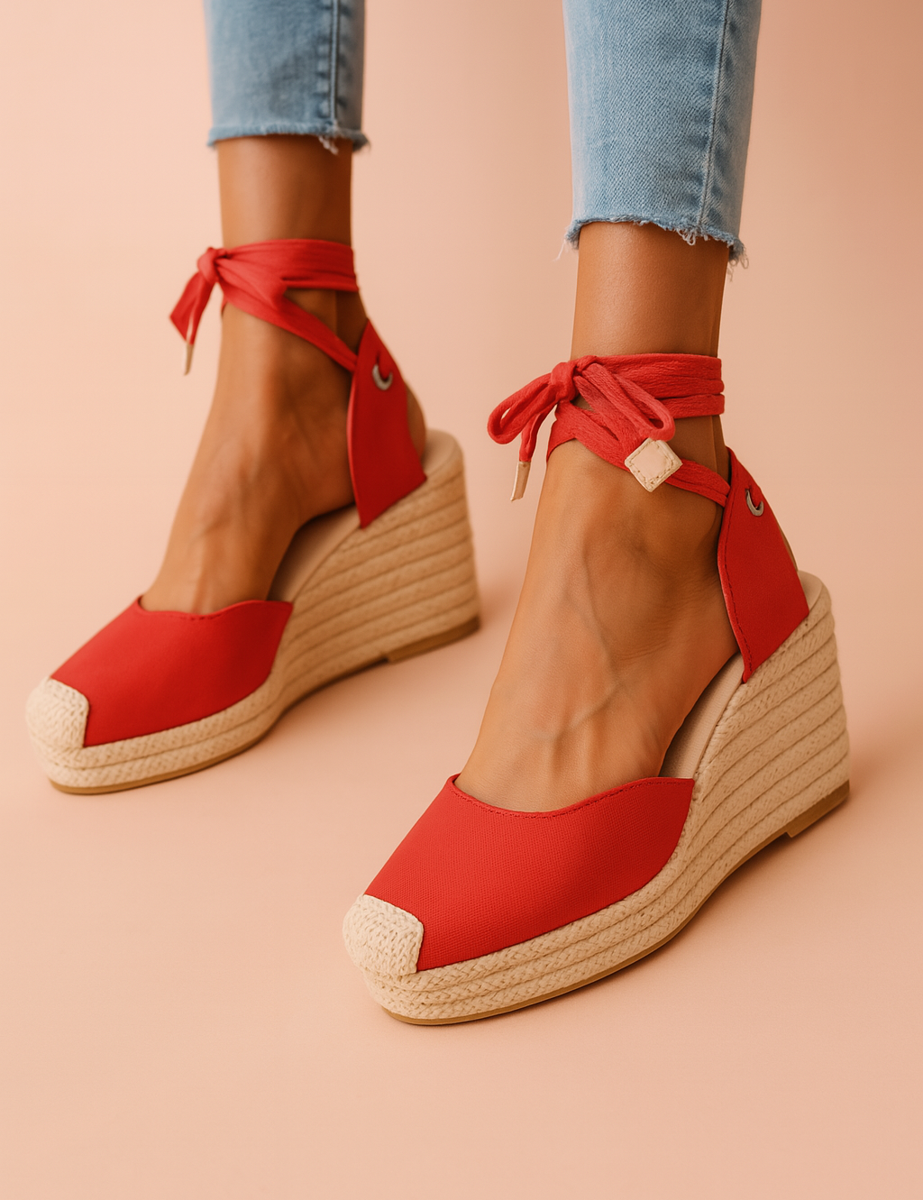 Vibrant red espadrille wedge sandals with closed canvas toes, natural jute-wrapped platform soles, and red ankle-wrap fabric ties with metallic grommet accents.