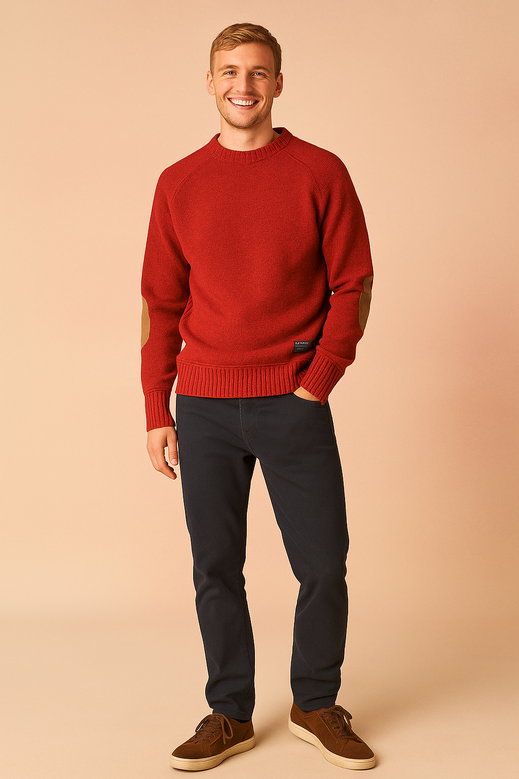 Red knit crewneck sweater with tan suede elbow patches, ribbed cuffs, and hem, paired with dark slim-fit trousers and brown suede sneakers.