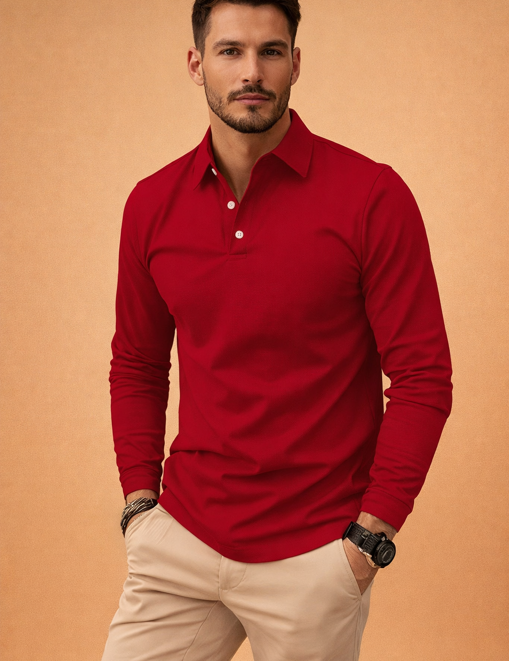 Red long-sleeve polo shirt with buttoned collar paired with beige tailored chinos, clean minimal styling suitable for smart-casual wear