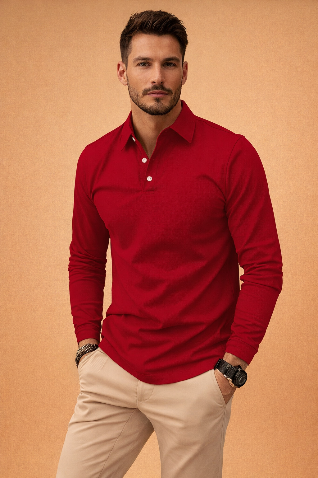 Red long-sleeve polo shirt with buttoned collar paired with beige tailored chinos, clean minimal styling suitable for smart-casual wear