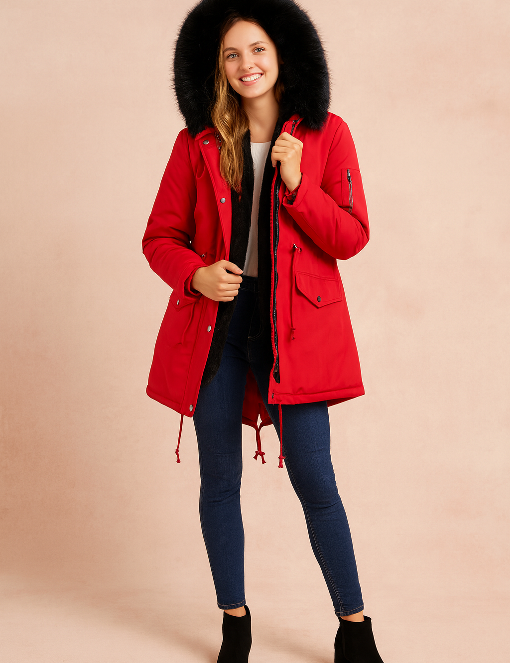 Red winter parka jacket with faux fur hood, front zipper and snap button closure, large flap pockets, adjustable waist drawstring, paired with slim blue jeans and black ankle boots.