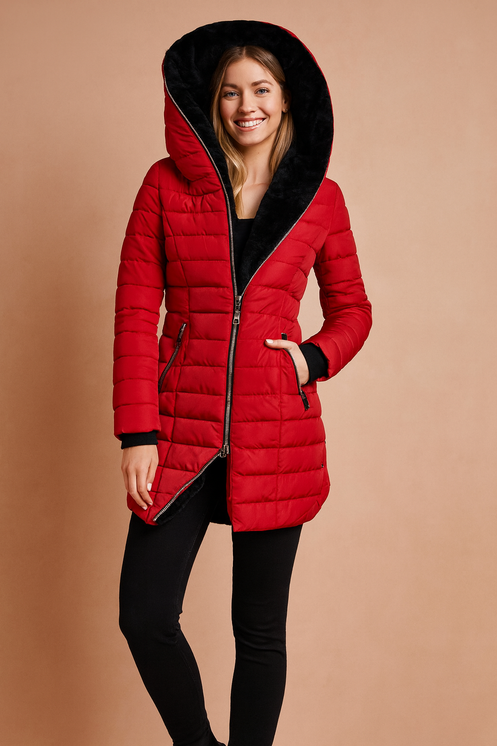 Red puffer winter jacket with oversized asymmetrical hood and black plush lining, featuring front zipper closure and zippered side pockets.