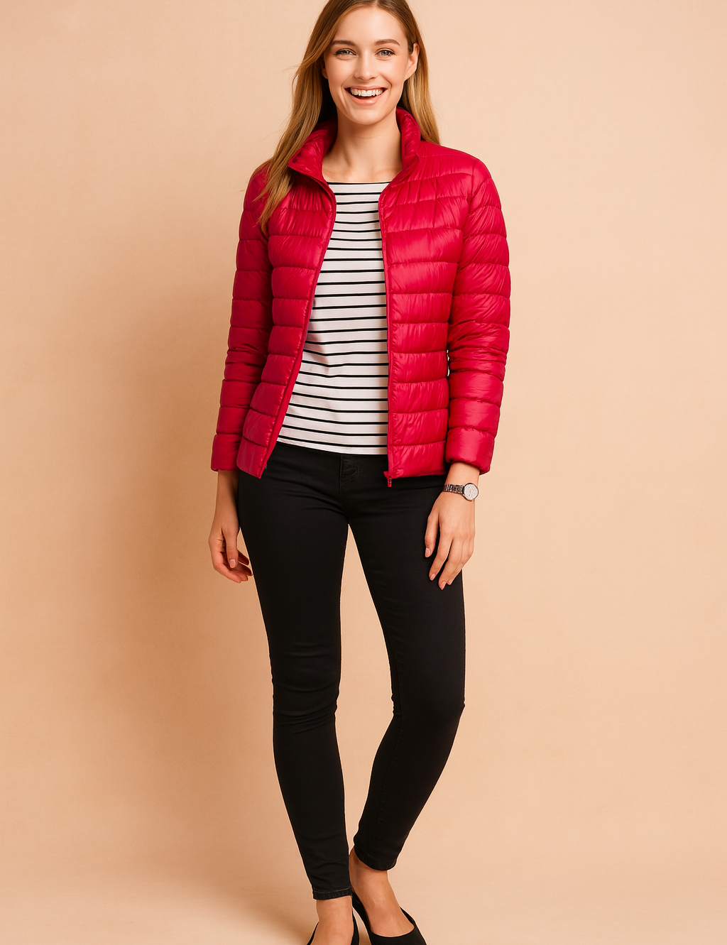 Bright red quilted puffer jacket with horizontal stitching, high collar, and zip closure, styled with a striped shirt, slim black pants, and black flats.