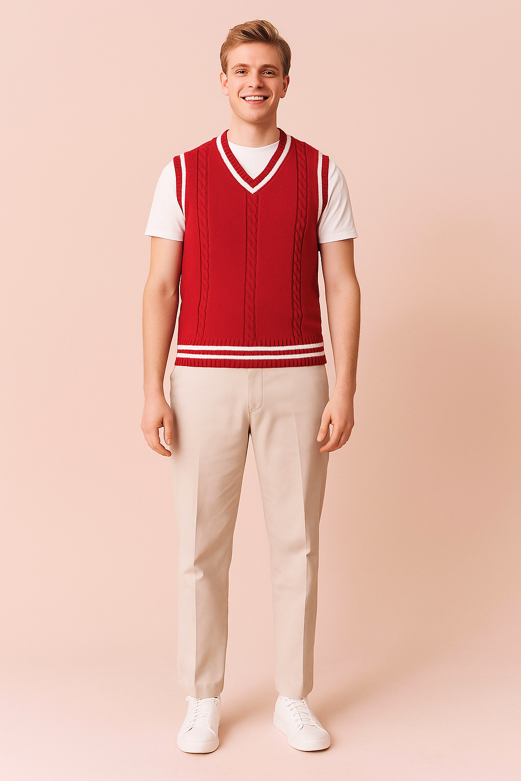 Bold red V-neck sweater with a soft knitted fabric.