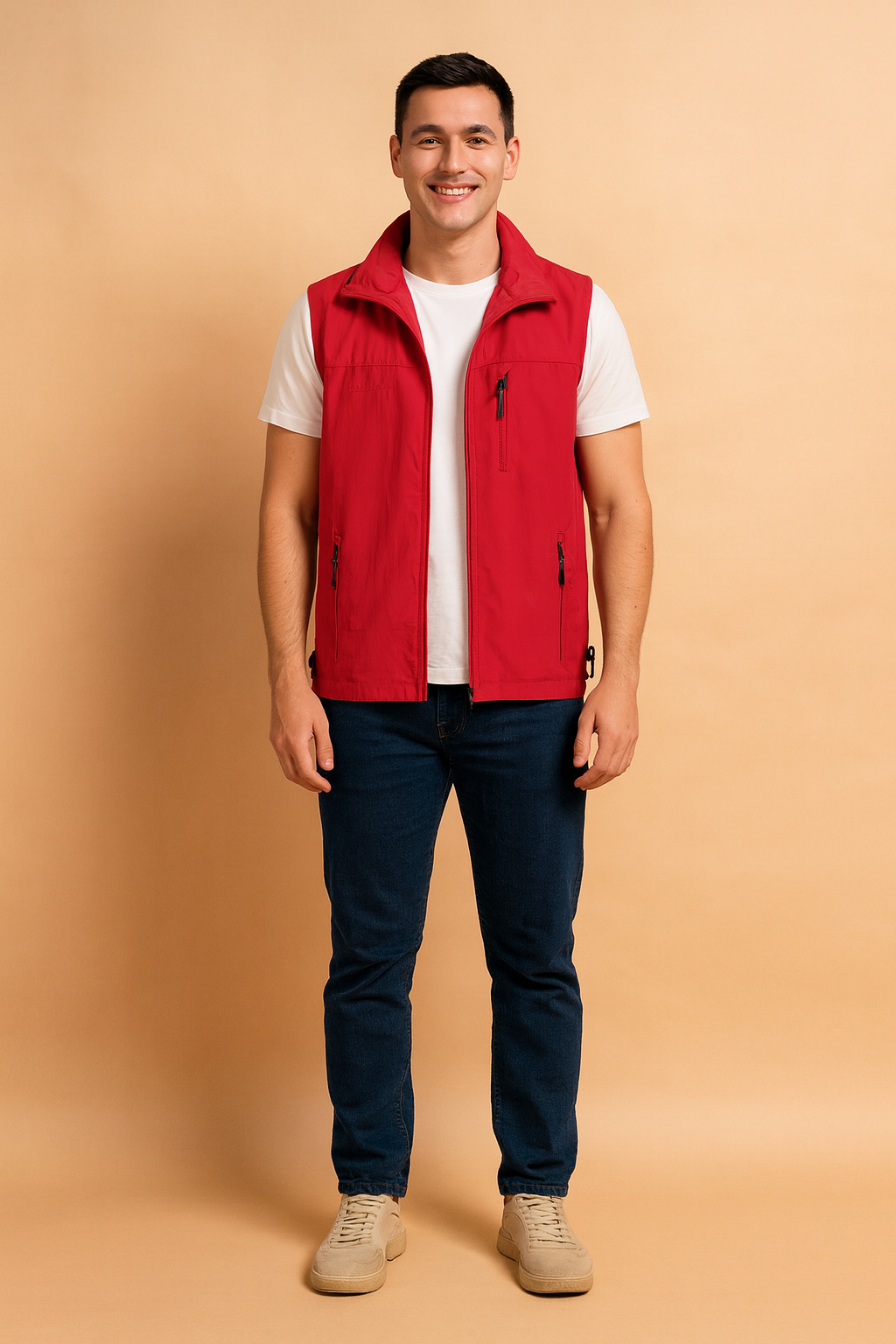Men’s lightweight red zippered vest with high collar and multiple pockets, styled over a white T-shirt for casual outdoor wear.
