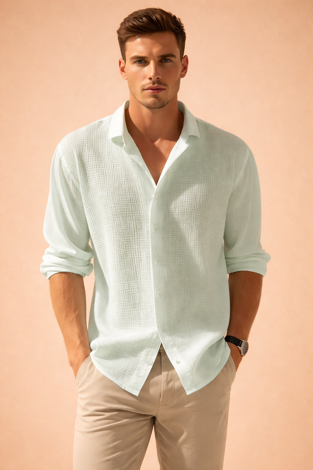 Relaxed-fit button-down shirt with subtle textured weave, worn with tailored straight-leg trousers for a clean, modern casual look.
