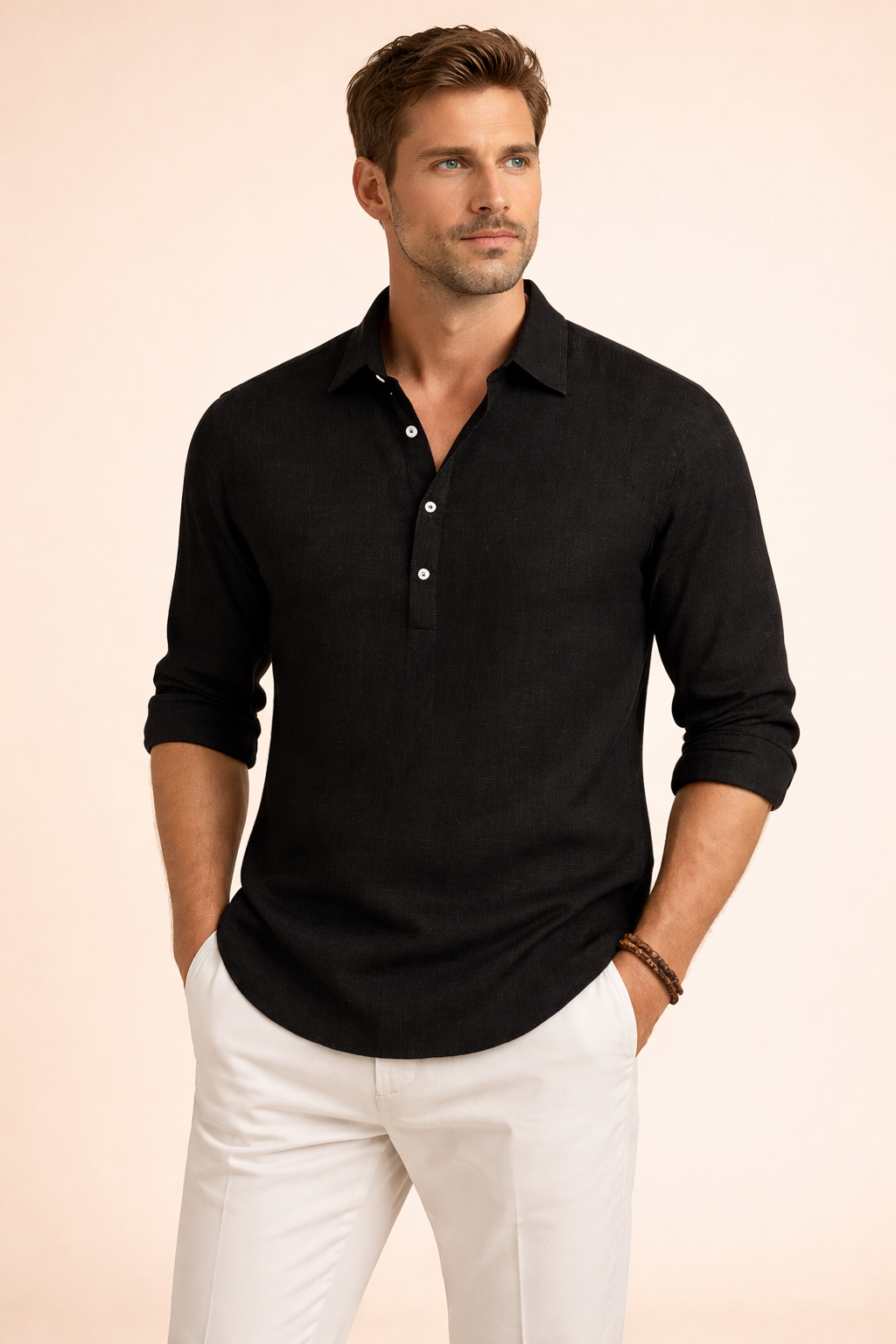 Long-sleeve relaxed-fit button-front shirt with a soft textured weave, open collar neckline, clean placket with contrast buttons, gently rolled cuffs, and a smooth drape designed for an effortless modern silhouette.