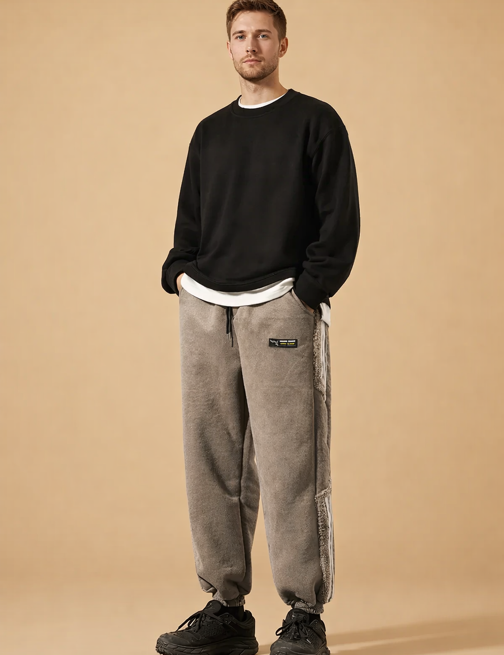 Relaxed-fit tapered jogger pants with elasticated cuffs, straight leg silhouette, soft textured finish, adjustable drawstring waist, and subtle side detailing paired with low-profile athletic footwear.