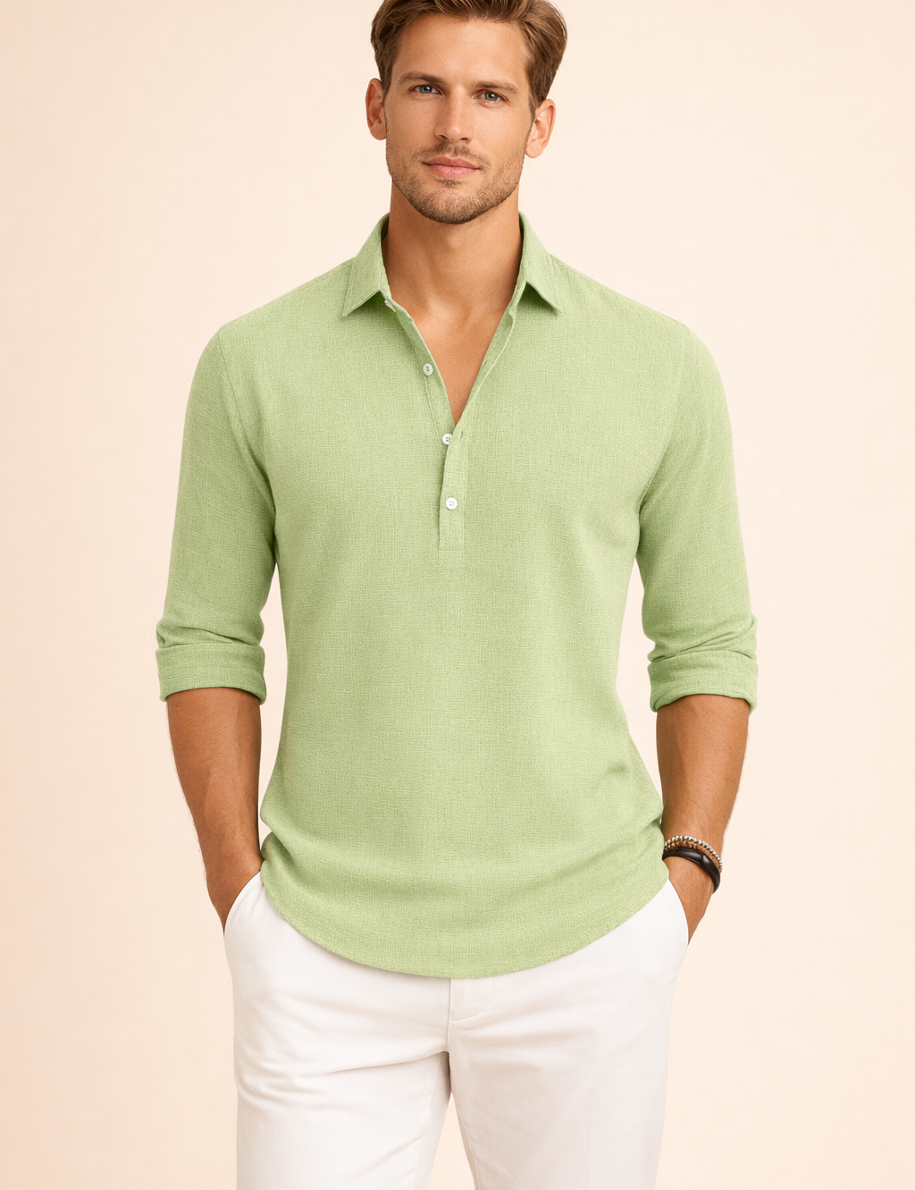 Long-sleeve relaxed-fit shirt with a clean open collar, subtle textured weave, three-button placket, softly draped silhouette, neatly finished cuffs, and a smooth straight hem paired with tailored lightweight trousers.