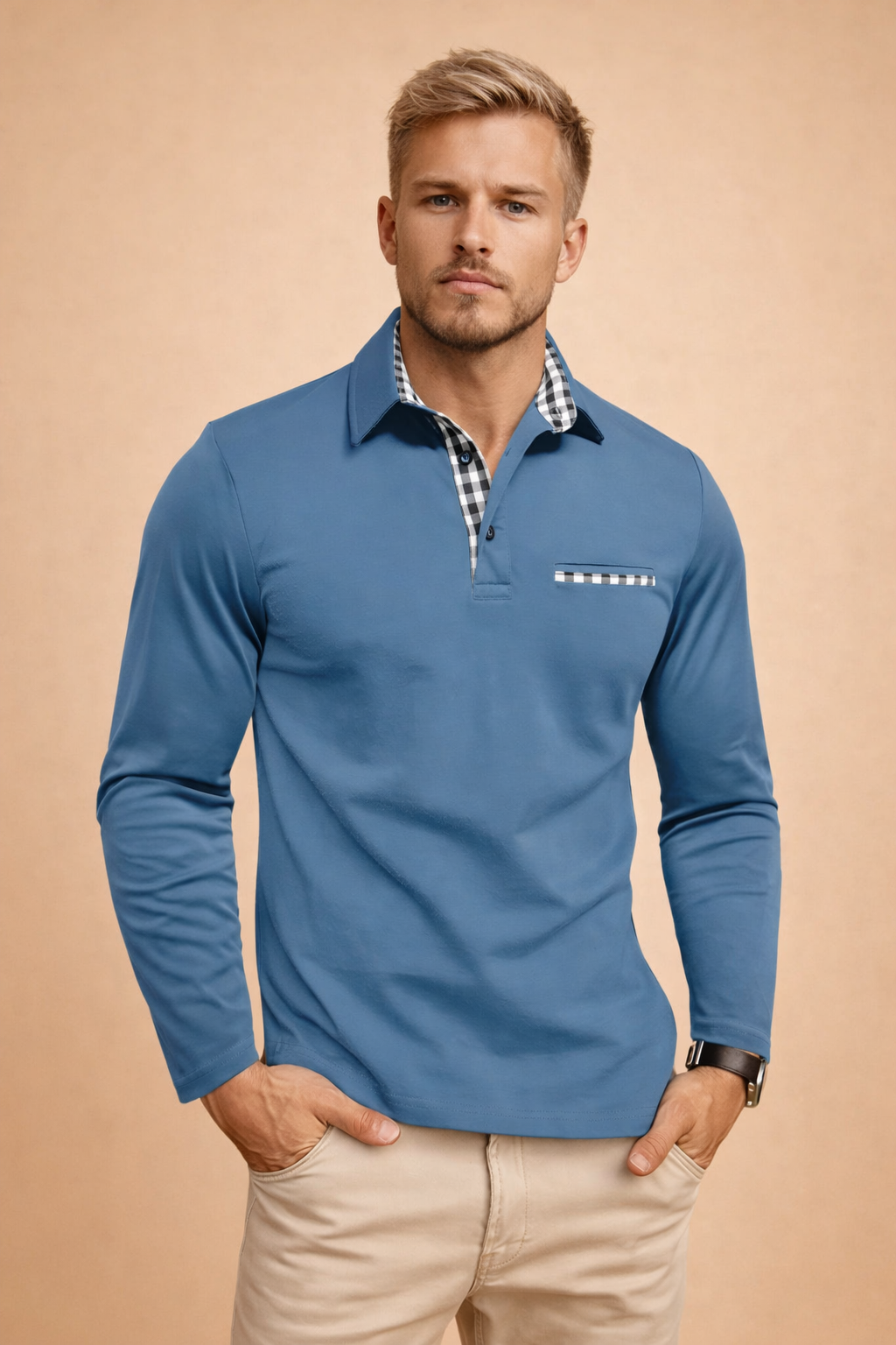 Royal blue long-sleeve polo shirt with tailored slim fit, smooth stretch fabric, contrast check inner collar and placket, three-button neckline, subtle chest pocket trim, paired with beige slim-fit chinos
