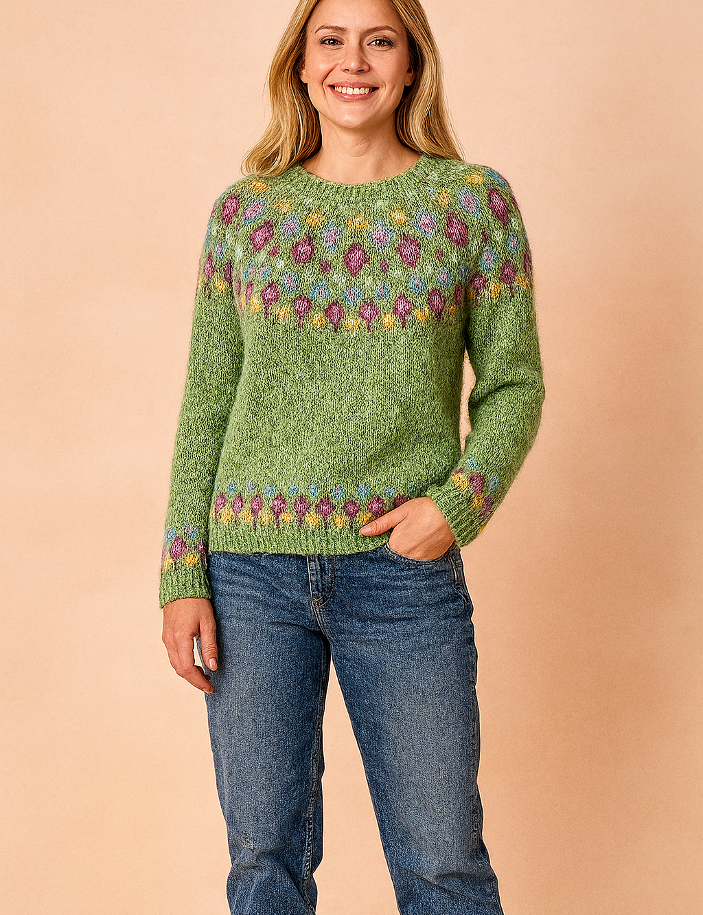 Sage green Fair Isle knit sweater with multicolored diamond pattern across yoke and cuffs, paired with classic blue jeans.