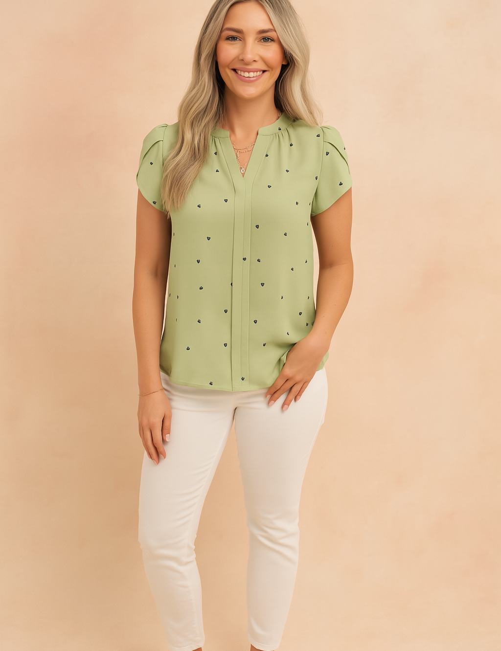 Sage green short-sleeve blouse with navy heart prints and soft pleated front detail, styled with slim-fit white pants and white sandals.