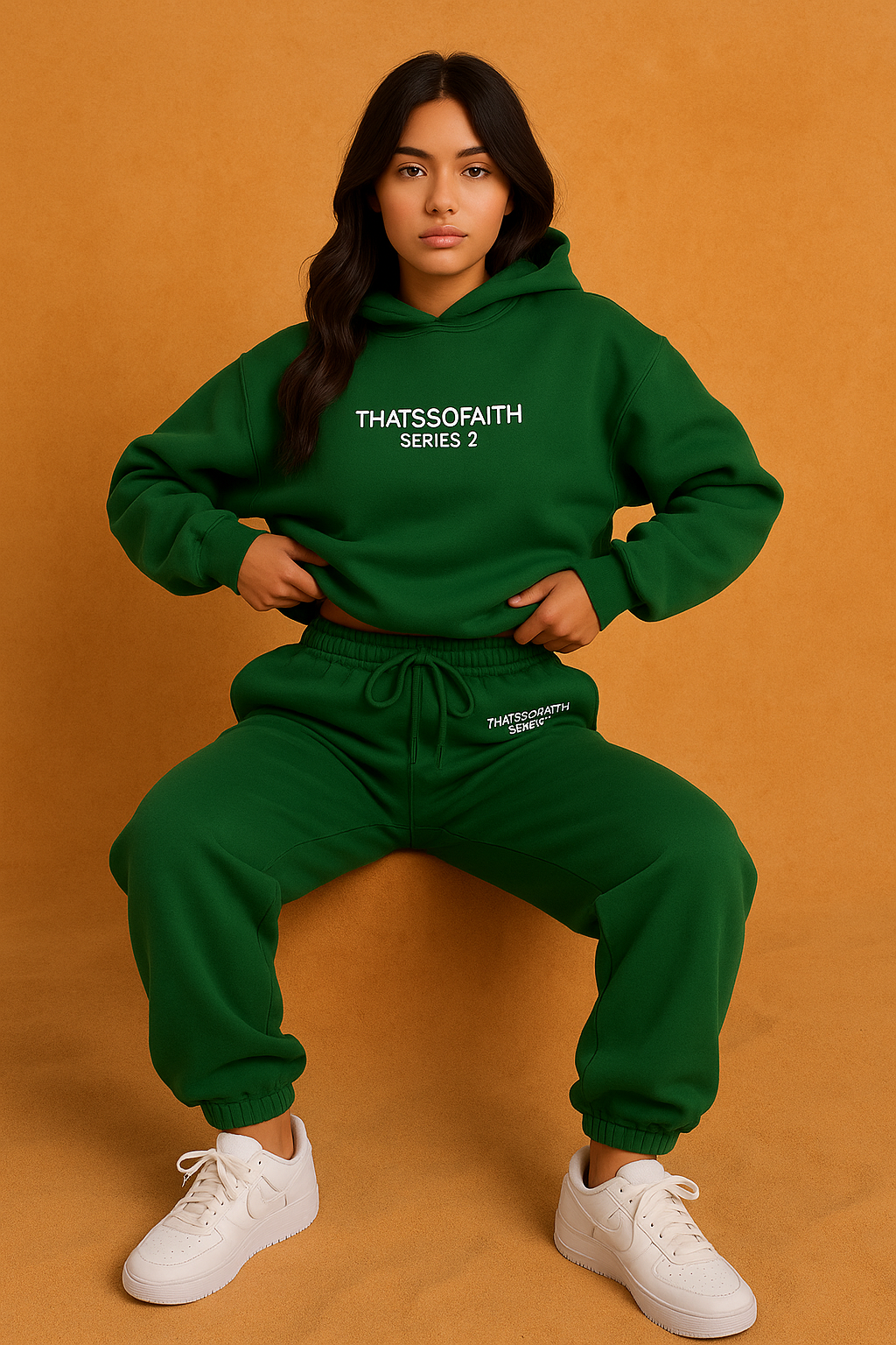 Deep green hoodie and jogger set with bold "THATSSOFAITH SERIES 2" print on the chest and hip, featuring a drawstring waist, kangaroo pocket, and gathered cuffs, styled with white athletic sneakers.