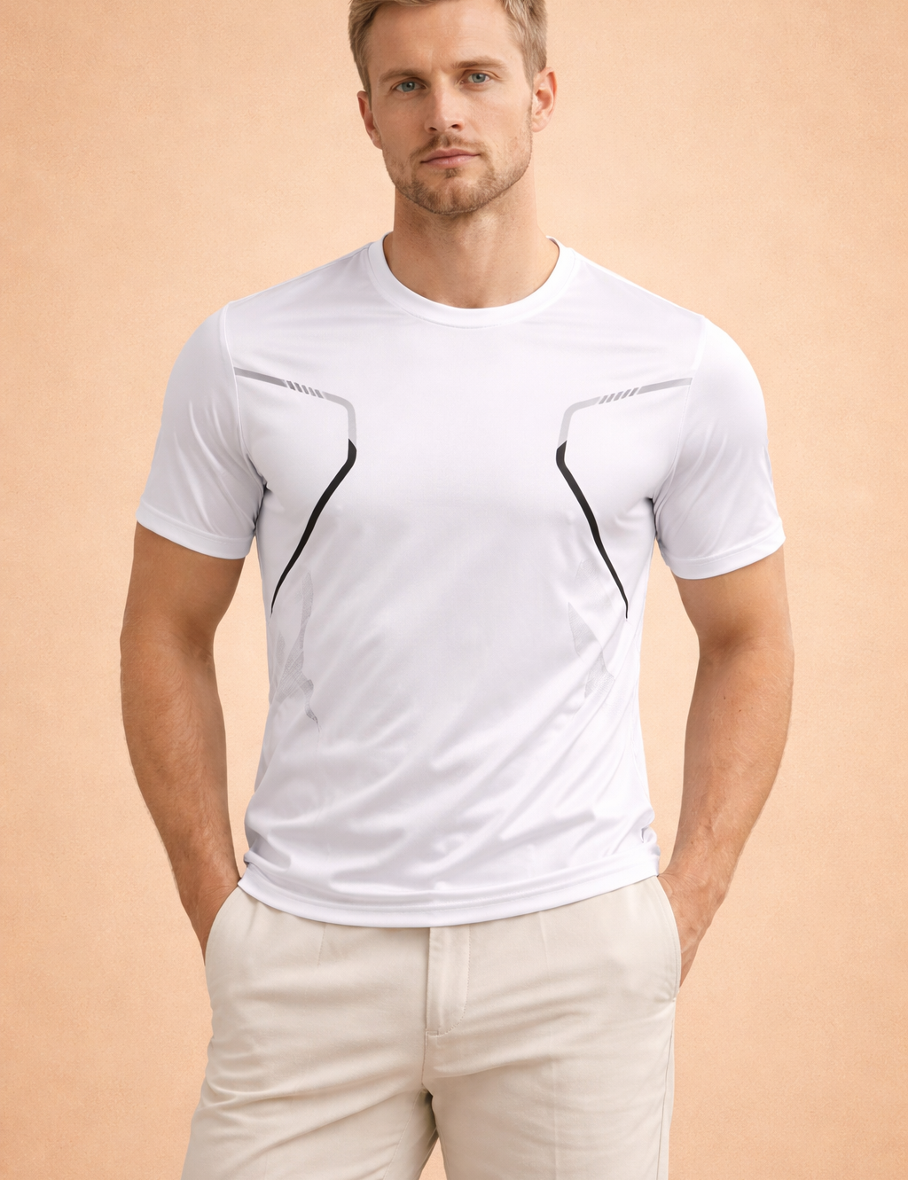 Short-sleeve performance T-shirt with a streamlined crew neckline, smooth fitted silhouette, and contrasting geometric seam accents along the chest and sides for a modern athletic finish.