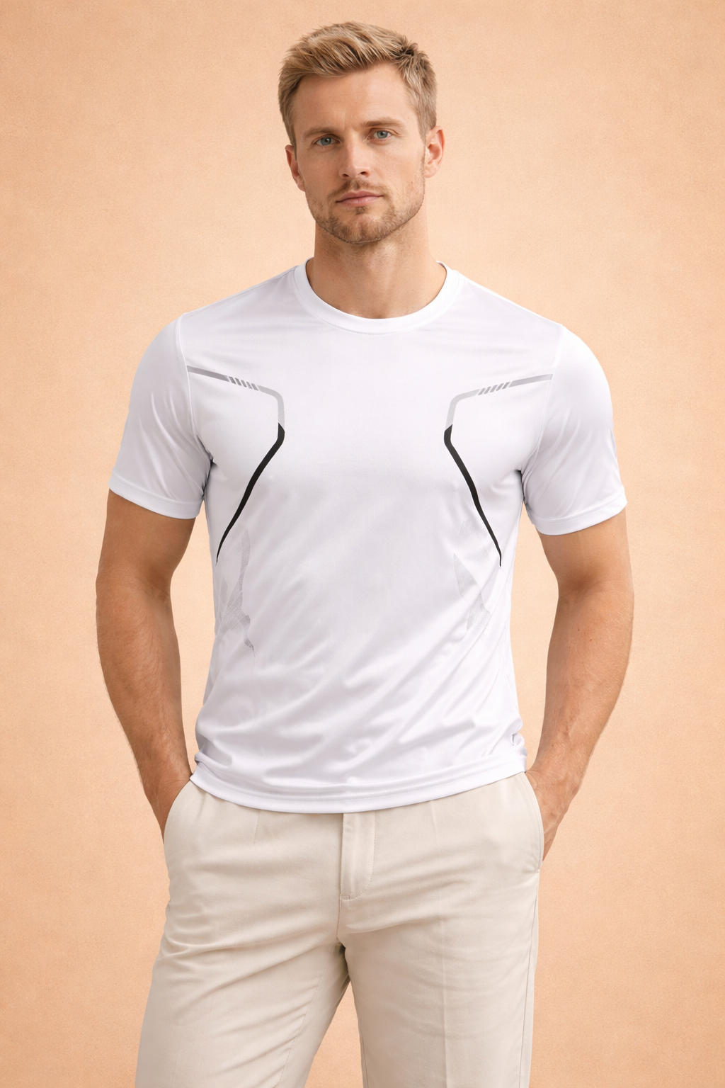 Short-sleeve performance T-shirt with a streamlined crew neckline, smooth fitted silhouette, and contrasting geometric seam accents along the chest and sides for a modern athletic finish.