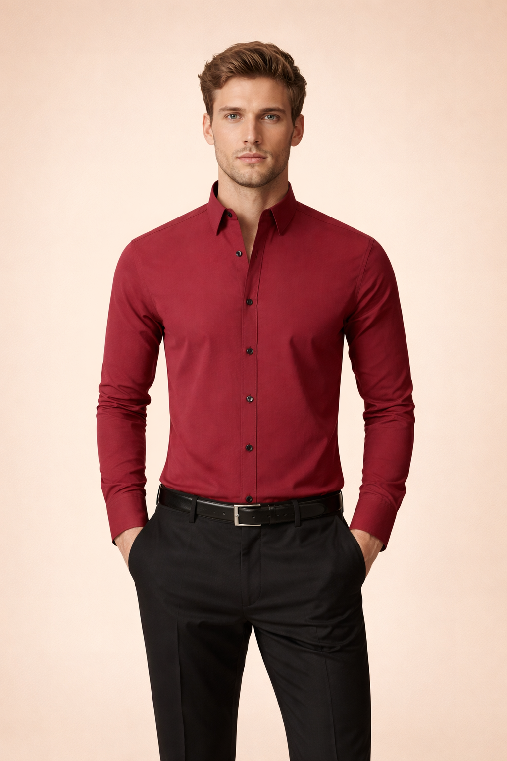 Slim-fit long-sleeve button-up shirt with a classic pointed collar, clean front button placket, smooth plain weave, tailored silhouette, and straight hem for a sharp, modern look