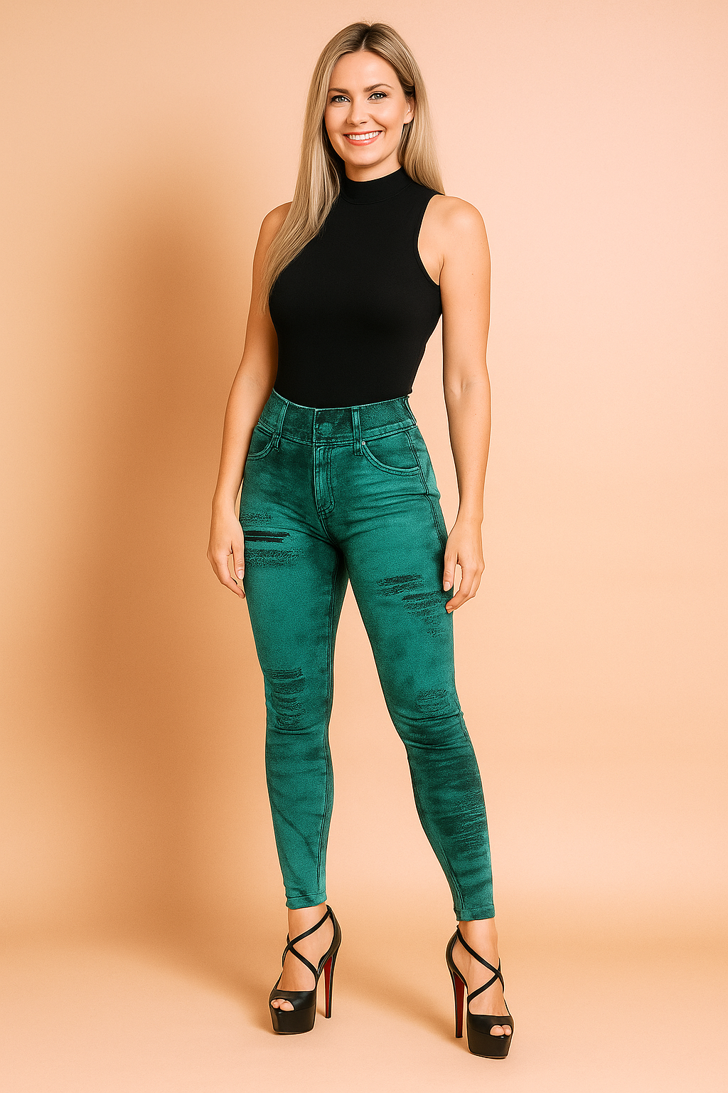 High-waisted teal distressed leggings with a denim-look pattern, styled with black strappy stiletto heels.