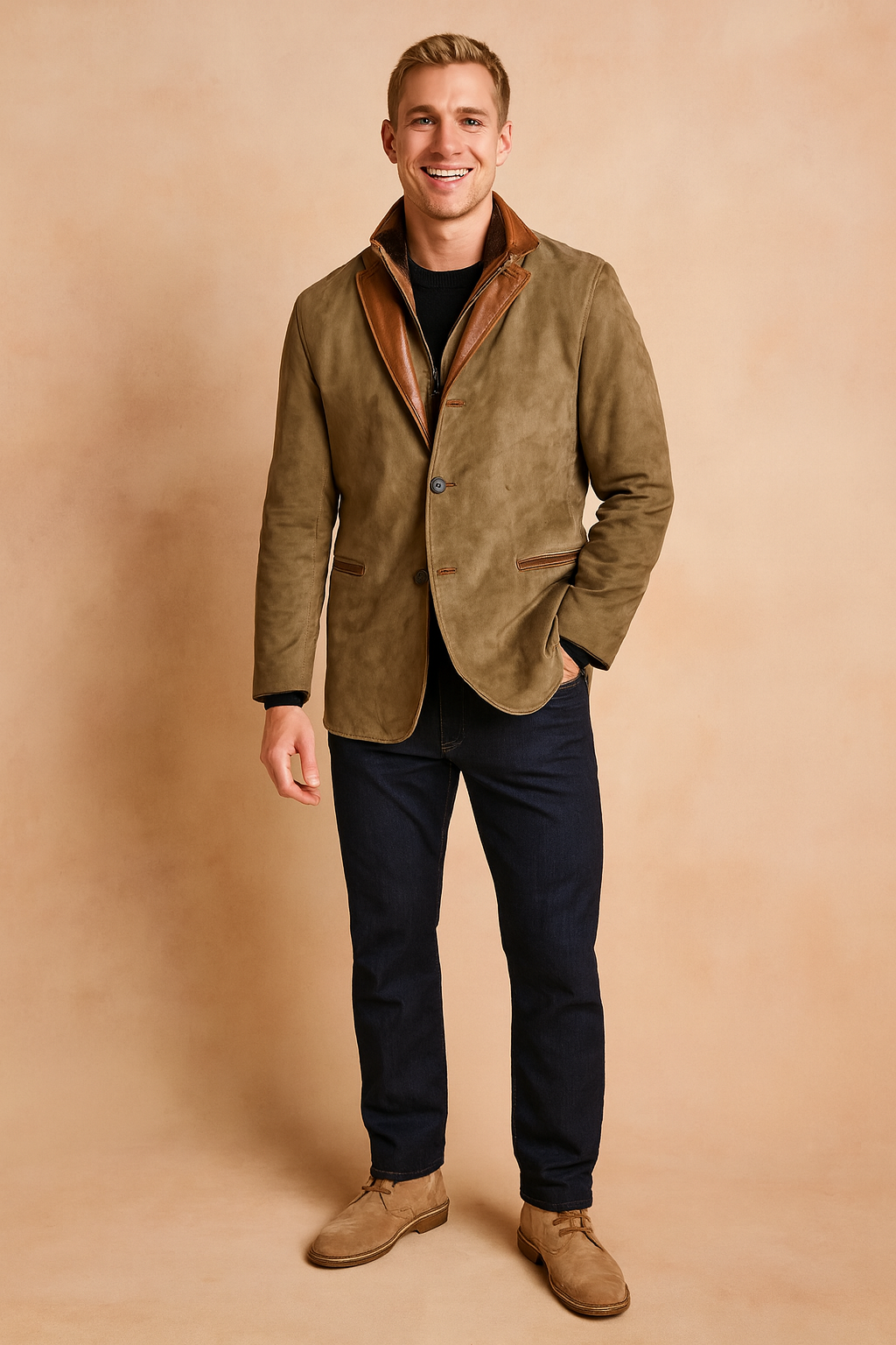 Brown suede blazer jacket with contrasting leather trim collar and pocket accents, button-up front, styled with a black sweater, dark jeans, and beige suede shoes.