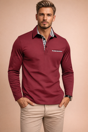 Long-sleeve tailored polo shirt with a structured collar, buttoned placket, and subtle contrast trim details, styled with slim-fit trousers for a clean smart-casual look.