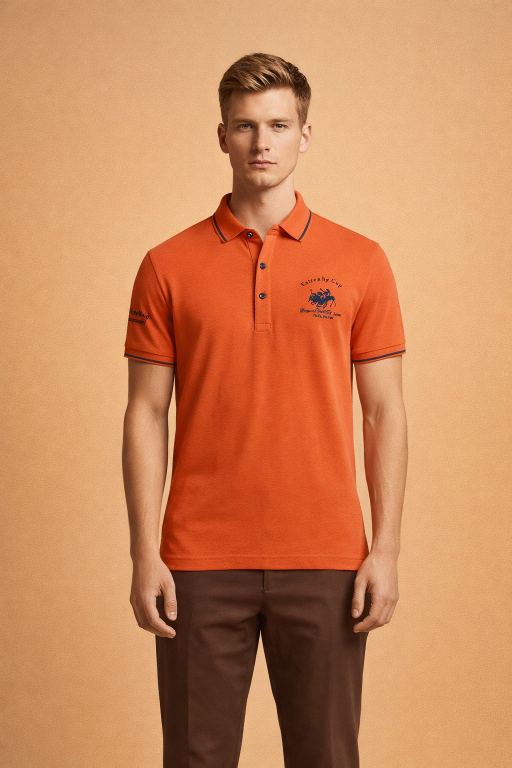 Classic short-sleeve polo shirt with structured collar, clean button placket, subtle contrast trim, and refined embroidered chest detail, styled in a tailored, modern silhouette suitable for smart-casual wear.