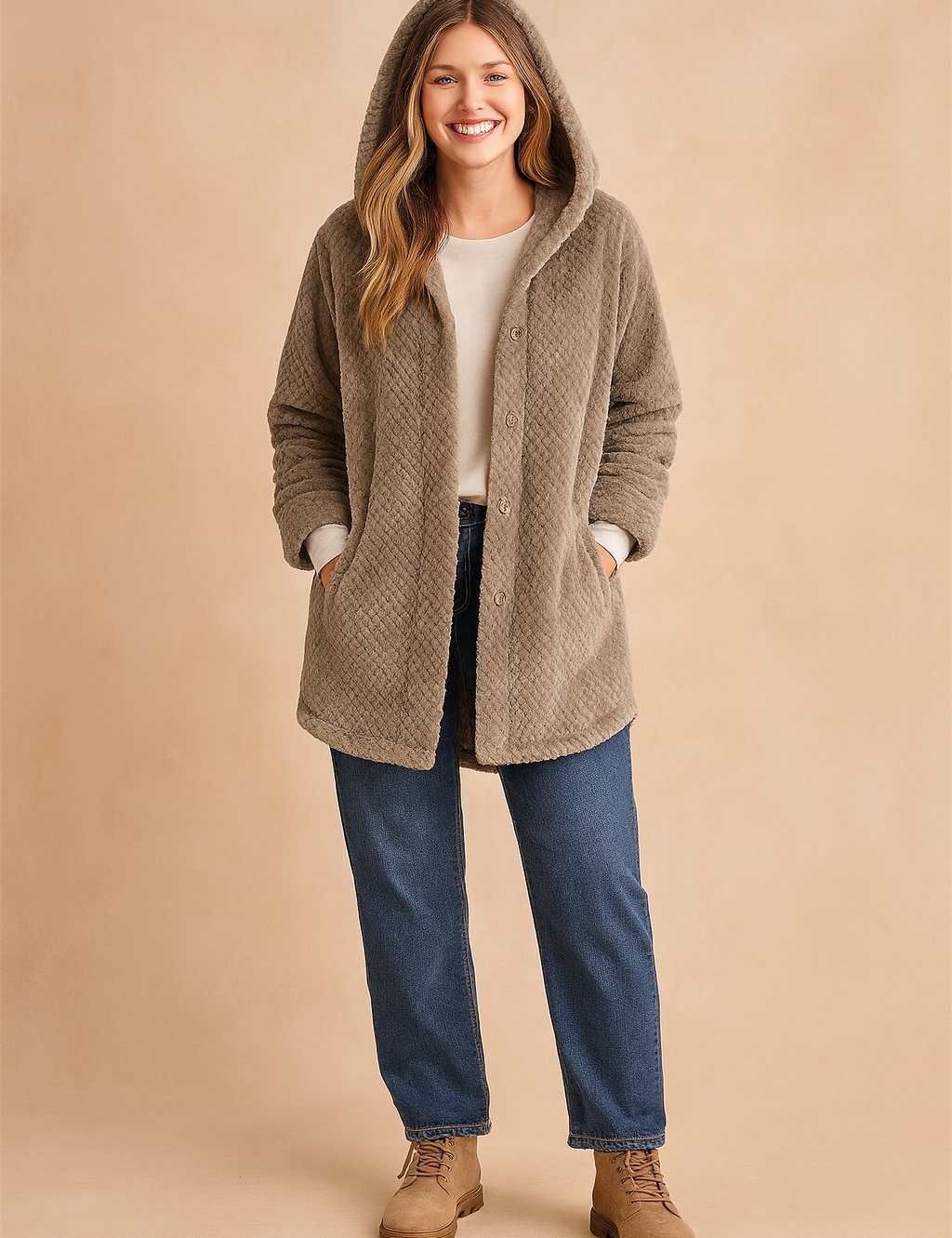 Taupe quilted long winter jacket with hood, button-down front, and side pockets, styled with a white inner top and straight-leg blue jeans paired with beige suede boots.