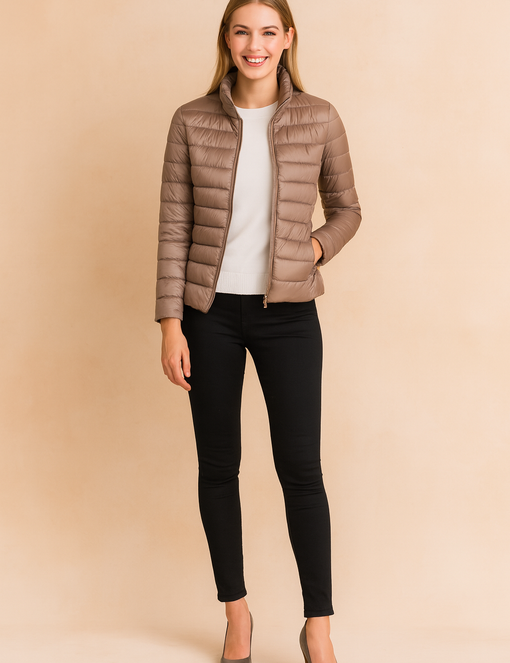 Taupe puffer jacket for women with high collar, horizontal quilted design, zip closure, and slim fit silhouette styled with black pants.