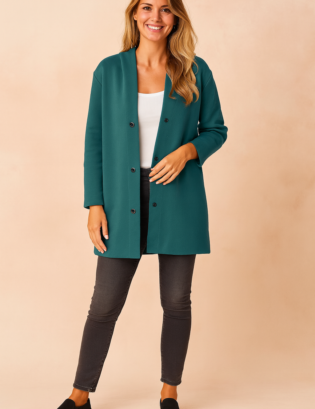 Long teal button-up cardigan jacket with black buttons, styled over a white top and paired with dark slim-fit pants and black slip-on shoes.