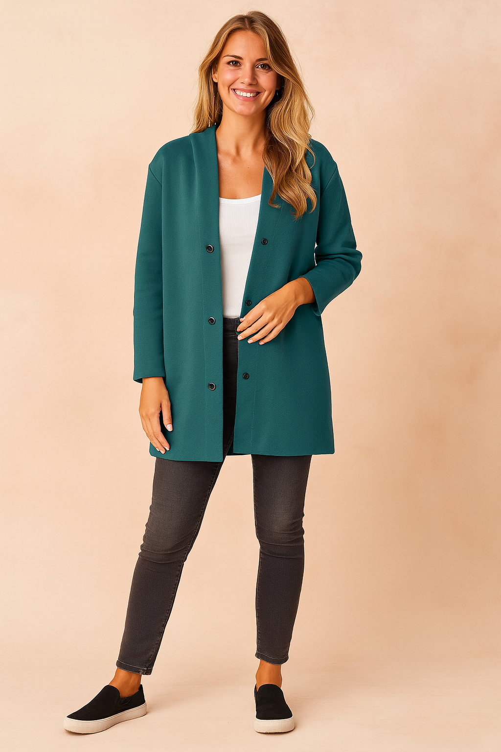 Long teal button-up cardigan jacket with black buttons, styled over a white top and paired with dark slim-fit pants and black slip-on shoes.