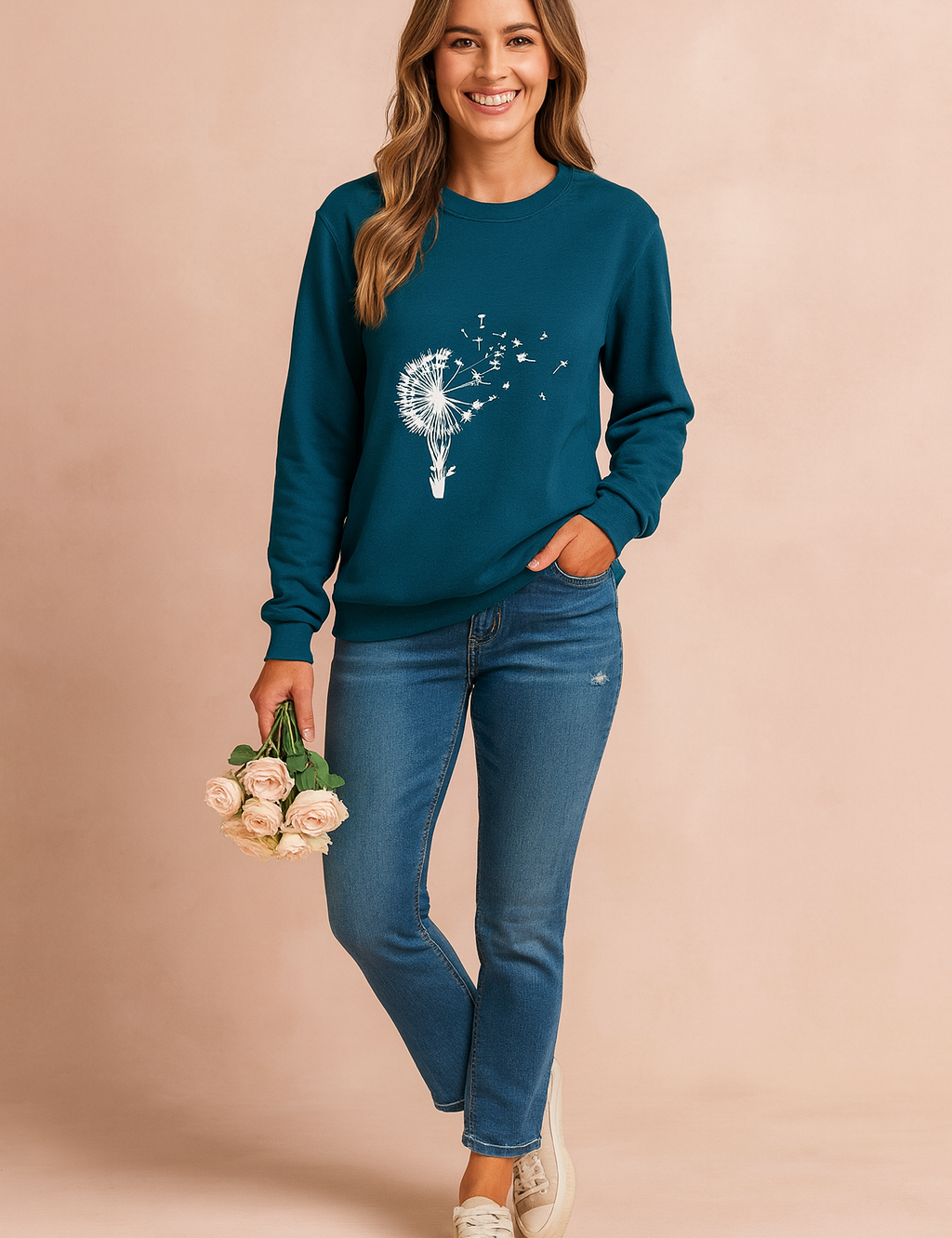 Teal long-sleeve sweatshirt with white dandelion and hot air balloon graphic, paired with fitted blue jeans and beige sneakers.