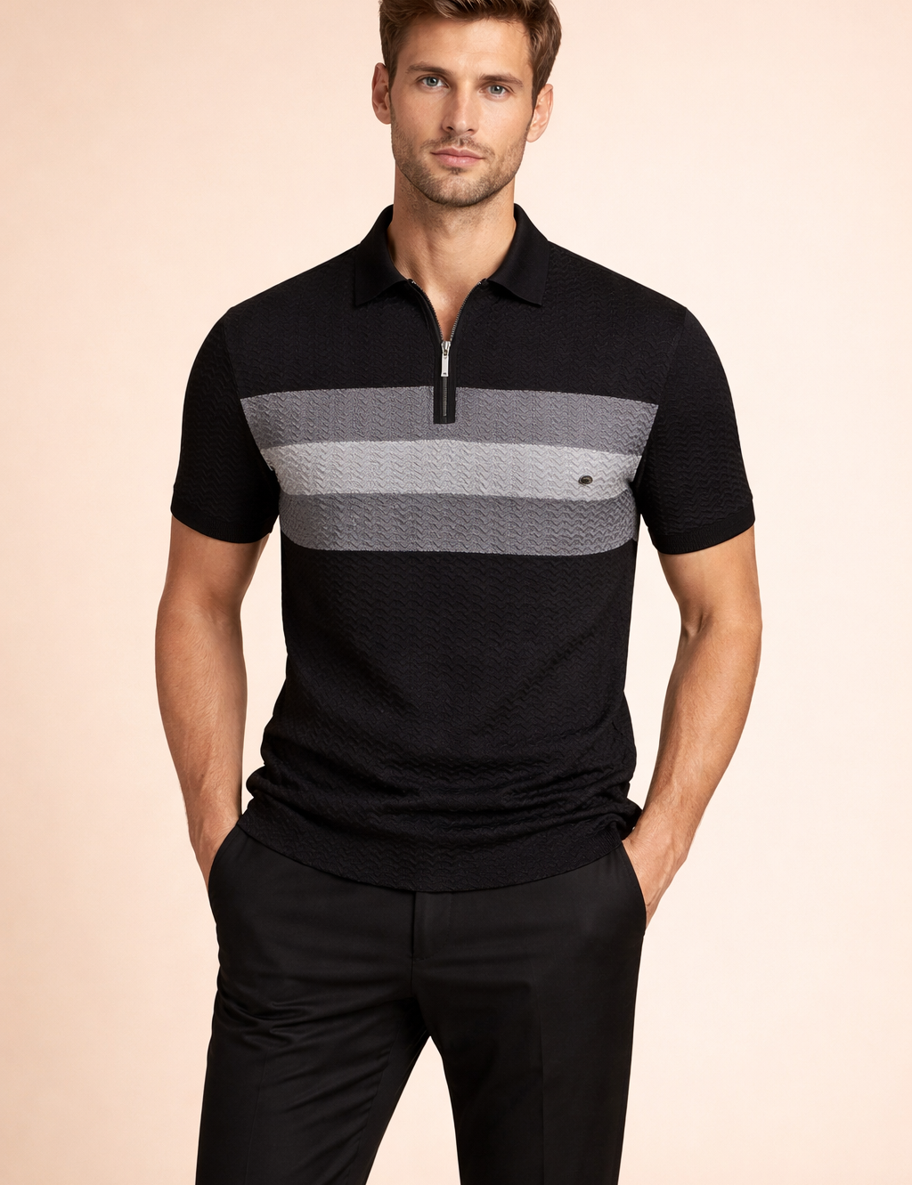 Short-sleeve textured polo shirt with a structured collar, front half-zip closure, horizontal tonal stripe detailing across the chest, clean sleeve hems, and a tailored fit for a refined modern silhouette.