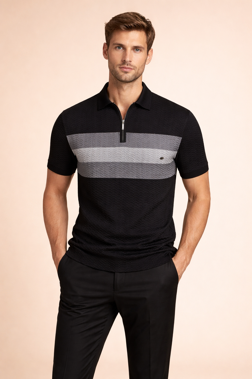 Short-sleeve textured polo shirt with a structured collar, front half-zip closure, horizontal tonal stripe detailing across the chest, clean sleeve hems, and a tailored fit for a refined modern silhouette.